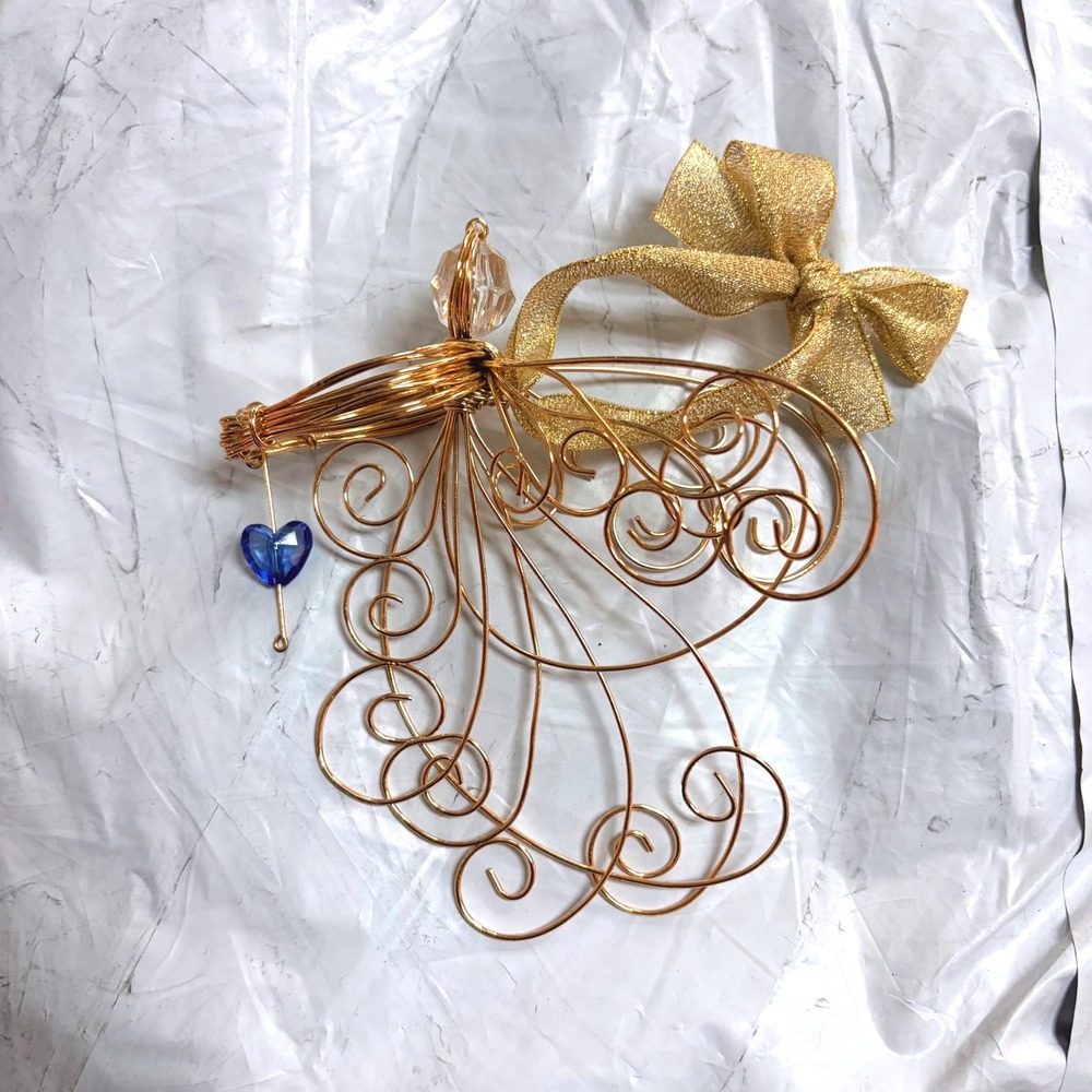 Avon Gold Wire Wrapped Angel Christmas Ornament Crystal Head Metallic Ribbon